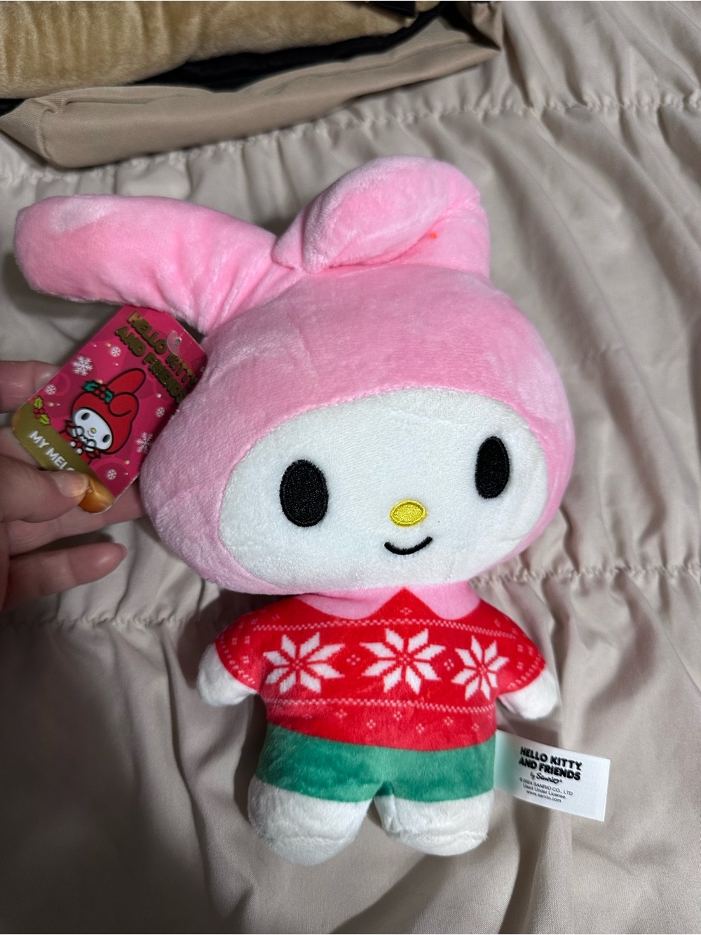 Hello Kitty Pink Bunny Plush with Red Snowflake Sweater